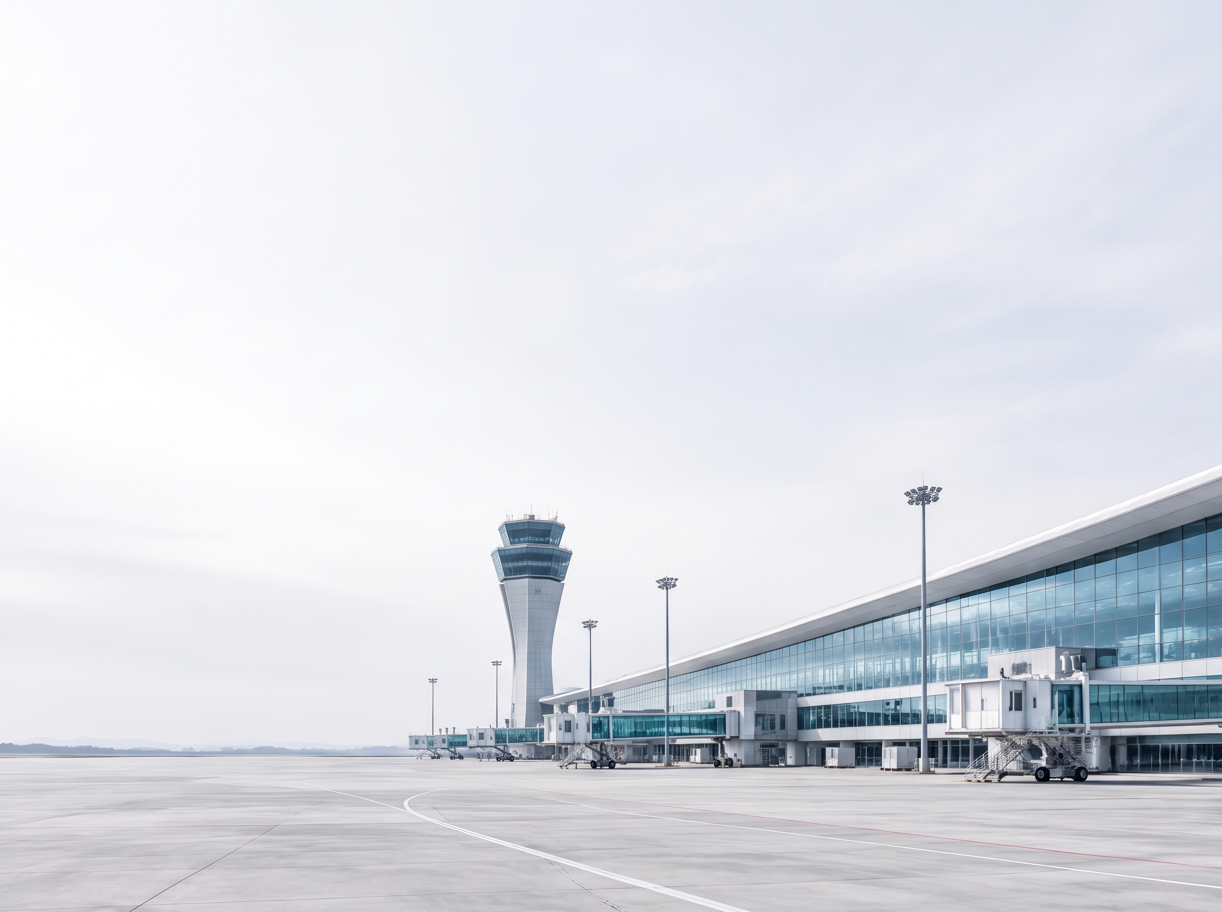 Modern airport terminal and control tower beside a quiet apron